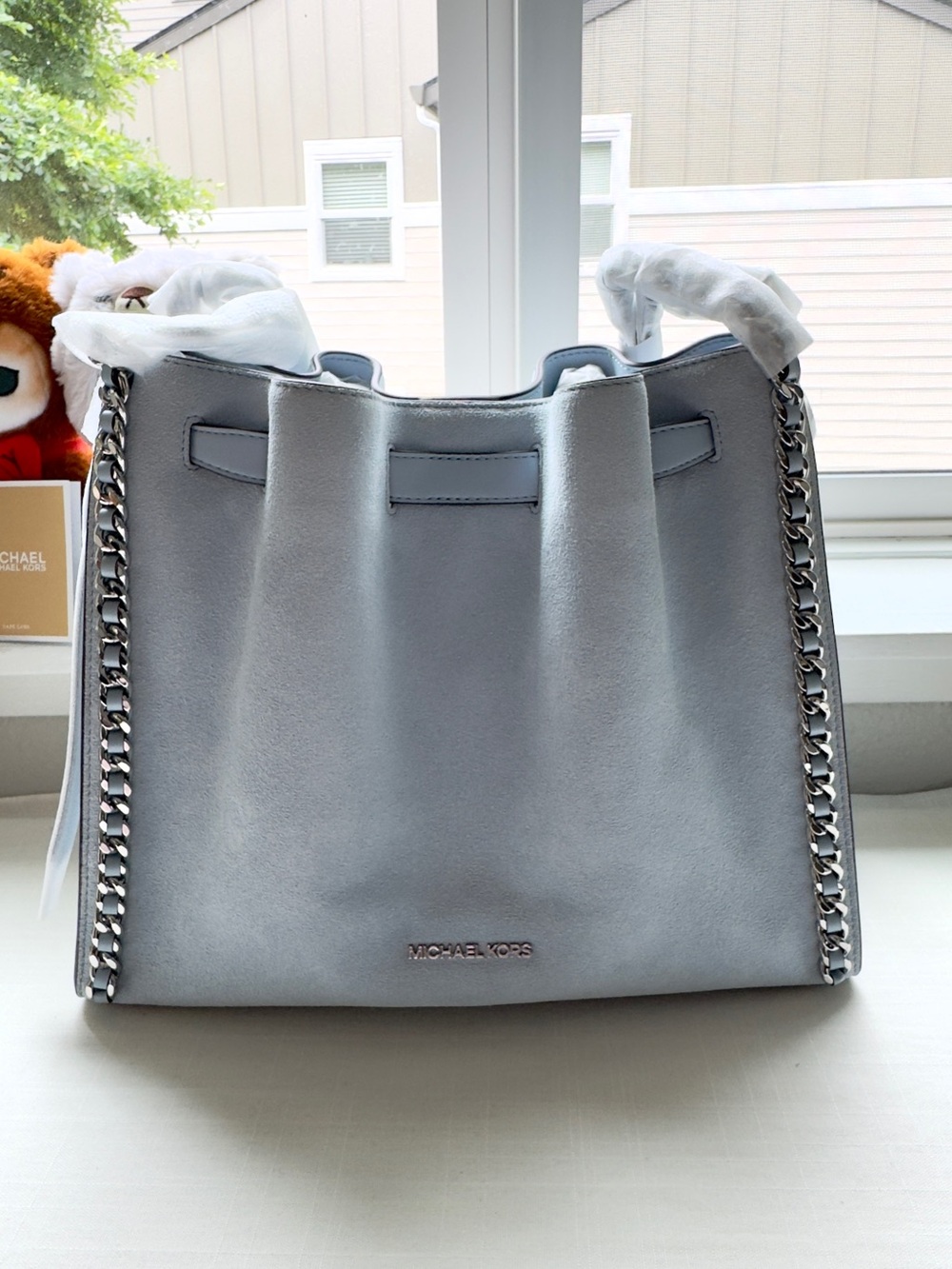 NWT🦋 Michael kors Mina Large Suede Chain Denim Shoulder Bag